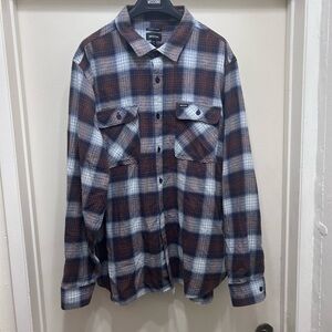 Brixton Plaid Flannel Shirt Bowery Button Up Pocket Blue Brown Men Sz XXL Grunge